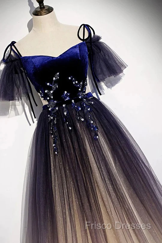 Beautiful Velvet And Gradient Tulle Long Party Dress, Straps Long Formal Gown