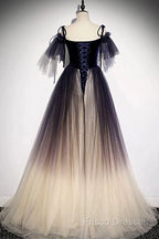 Beautiful Velvet And Gradient Tulle Long Party Dress, Straps Long Formal Gown