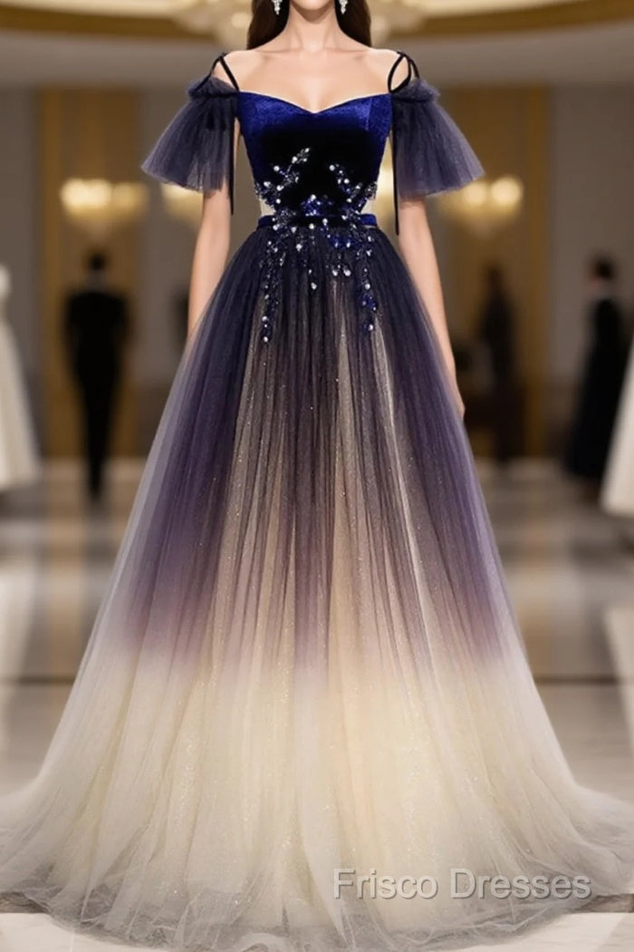 Beautiful Velvet And Gradient Tulle Long Party Dress, Straps Long Formal Gown Main image