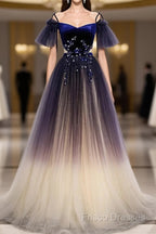 Beautiful Velvet And Gradient Tulle Long Party Dress, Straps Long Formal Gown