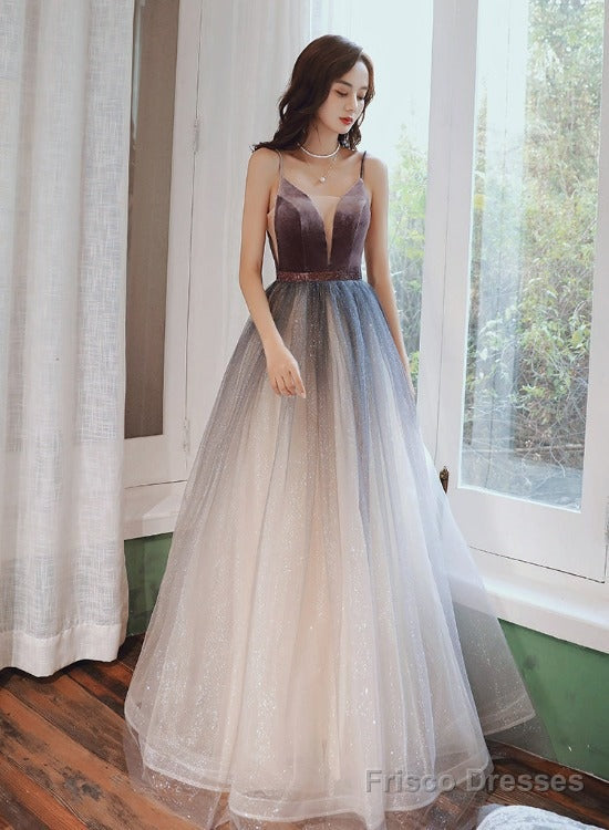 Beautiful Velvet And Gradient Tulle Straps Prom Dress, A-Line Evening Party Dresses Main image