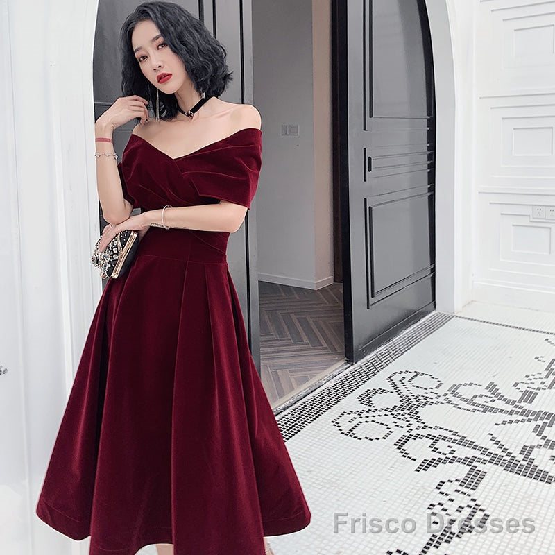 Beautiful Velvet Off Shoulder Black Tea Length Evening Dresses, New Chic Prom Dress