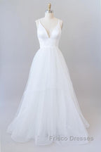 Beautiful White Long A-line V-neck Tulle Backless Wedding Dress