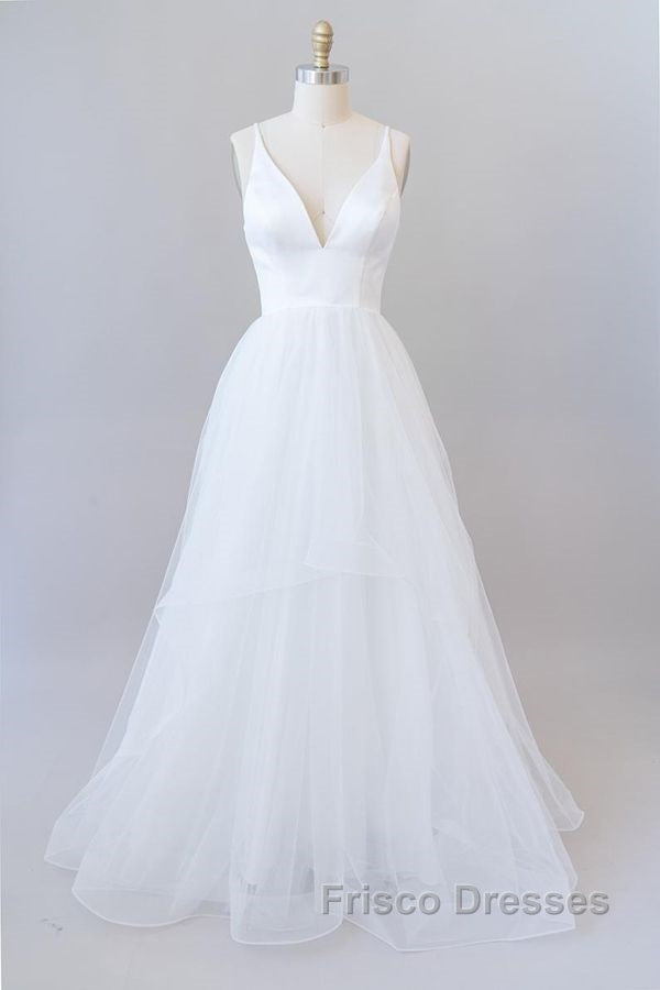 Beautiful White Long A-line V-neck Tulle Backless Wedding Dress