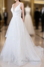 Beautiful White Long A-line V-neck Tulle Backless Wedding Dress