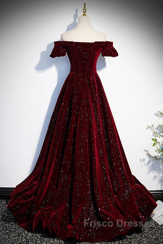 Beautiful Wine Red Off Shoulder Velvet Long Party Dress, A-Line Dark Red Formal Prom Dress