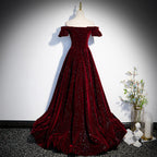 Beautiful Wine Red Off Shoulder Velvet Long Party Dress, A-Line Dark Red Prom Dresses