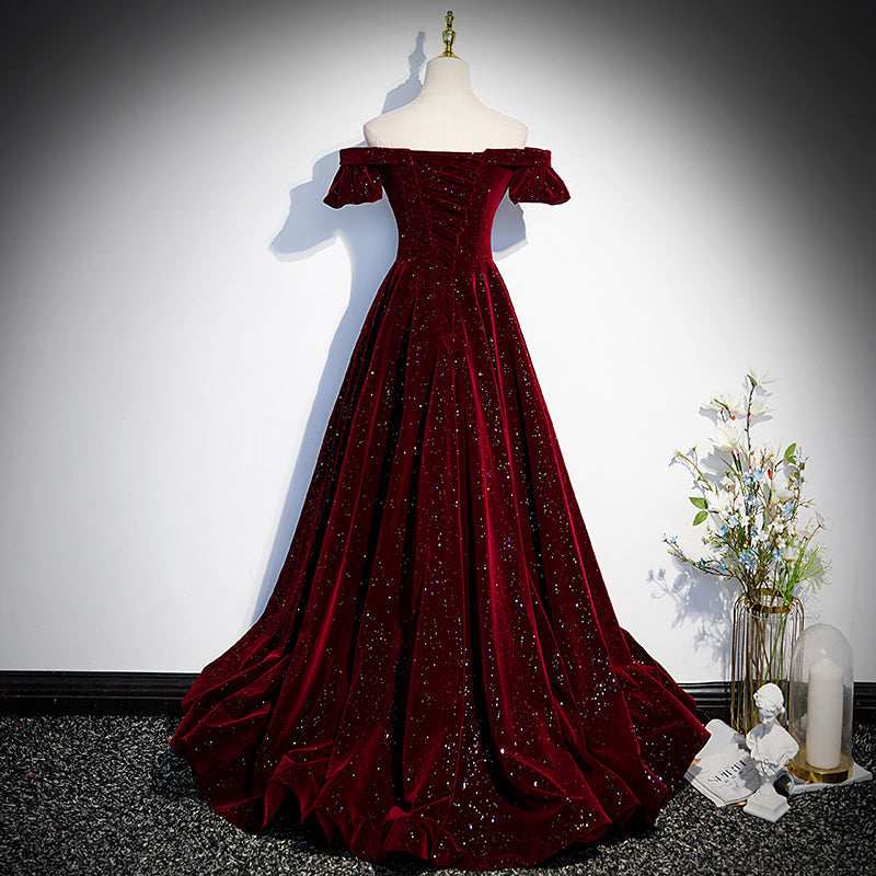Beautiful Wine Red Off Shoulder Velvet Long Party Dress, A-Line Dark Red Prom Dresses