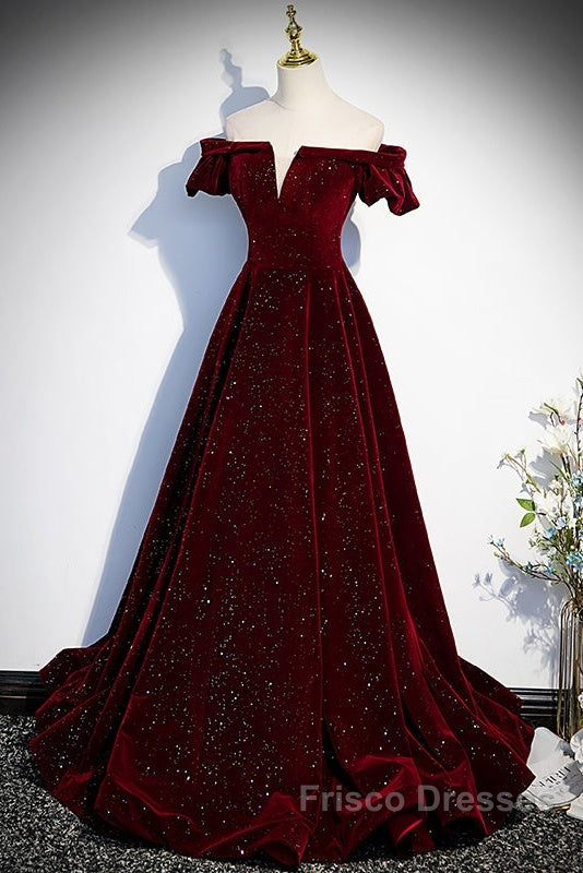 Beautiful Wine Red Off Shoulder Velvet Long Party Dress, A-Line Dark Red Formal Prom Dress