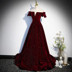 Beautiful Wine Red Off Shoulder Velvet Long Party Dress, A-Line Dark Red Prom Dresses