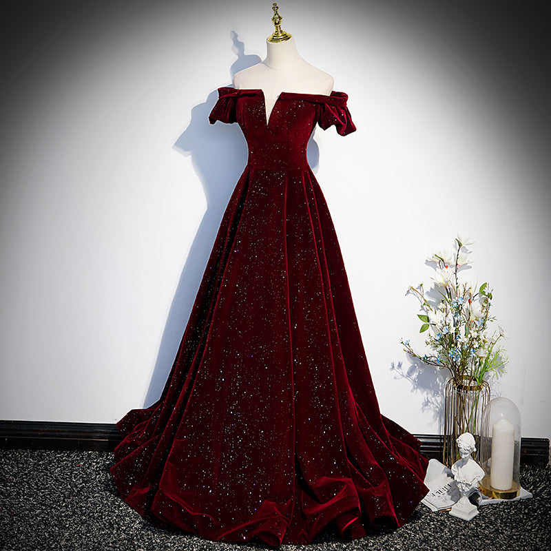 Beautiful Wine Red Off Shoulder Velvet Long Party Dress, A-Line Dark Red Prom Dresses