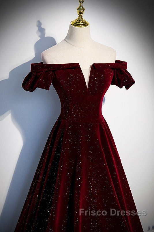 Beautiful Wine Red Off Shoulder Velvet Long Party Dress, A-Line Dark Red Formal Prom Dress