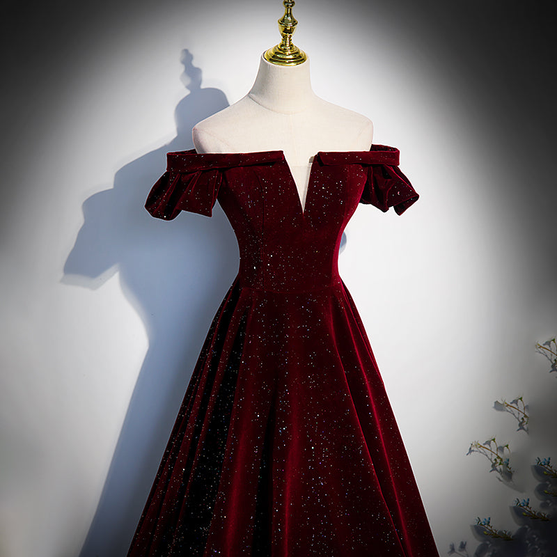 Beautiful Wine Red Off Shoulder Velvet Long Party Dress, A-Line Dark Red Prom Dresses