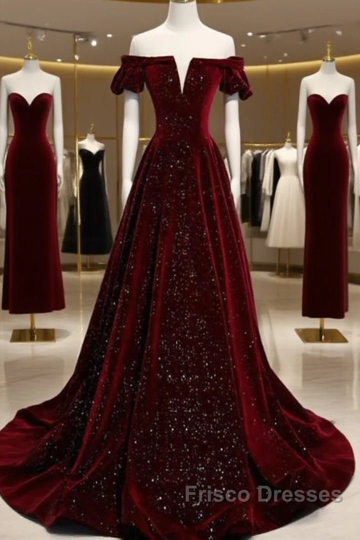 Beautiful Wine Red Off Shoulder Velvet Long Party Dress, A-Line Dark Red Formal Prom Dress Main image