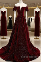 Beautiful Wine Red Off Shoulder Velvet Long Party Dress, A-Line Dark Red Formal Prom Dress