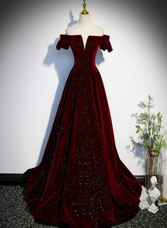 Beautiful Wine Red Off Shoulder Velvet Long Party Dress, A-Line Dark Red Prom Dresses Main image