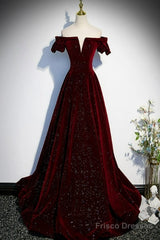 Beautiful Wine Red Off Shoulder Velvet Long Party Dress, A-Line Dark Red Prom Dresses