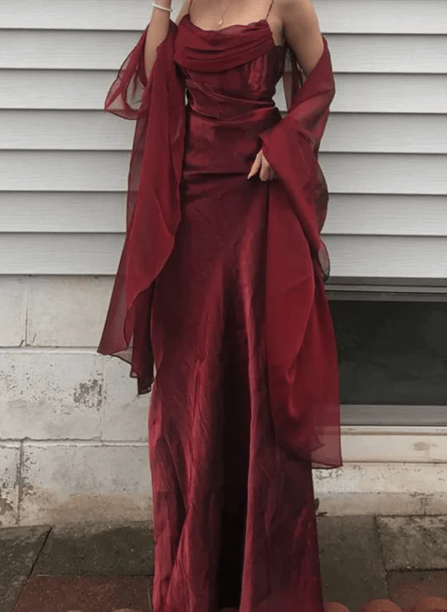 Beautiful Wine Red Satin Long Prom Dress With Straps, Wine Red Long Party Dress Main image