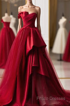 Beautiful Wine Red Sweetheart Tulle And Satin Party Dress, Wine Red Long Formal Dress