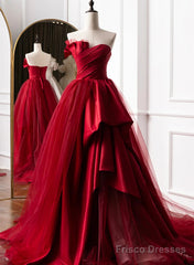 Beautiful Wine Red Sweetheart Tulle And Satin Party Dress, Wine Red Long Formal Dress