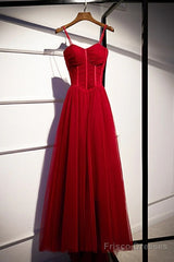 Beautiful Wine Red Tulle Long Straps Party Dress Prom Dress, A-Line Dark Red Formal Gown
