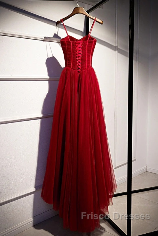Beautiful Wine Red Tulle Long Straps Party Dress Formal Prom Dress, A-Line Dark Red Formal Gown