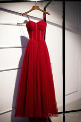 Beautiful Wine Red Tulle Long Straps Party Dress Prom Dress, A-Line Dark Red Formal Gown