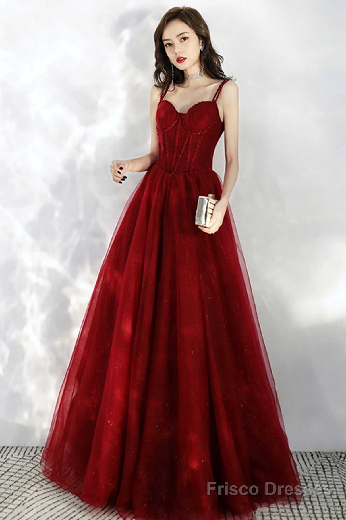 Beautiful Wine Red Tulle Off Shoulder Prom Dress, Dark Red Party Dress Secondary image