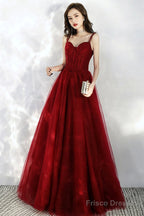 Beautiful Wine Red Tulle Off Shoulder Prom Dress, Dark Red Party Dress