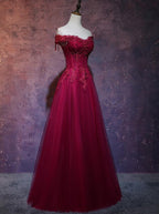 Beautiful Wine Red Tulle Sweetheart Long Prom Dress, A-Line Party Dress