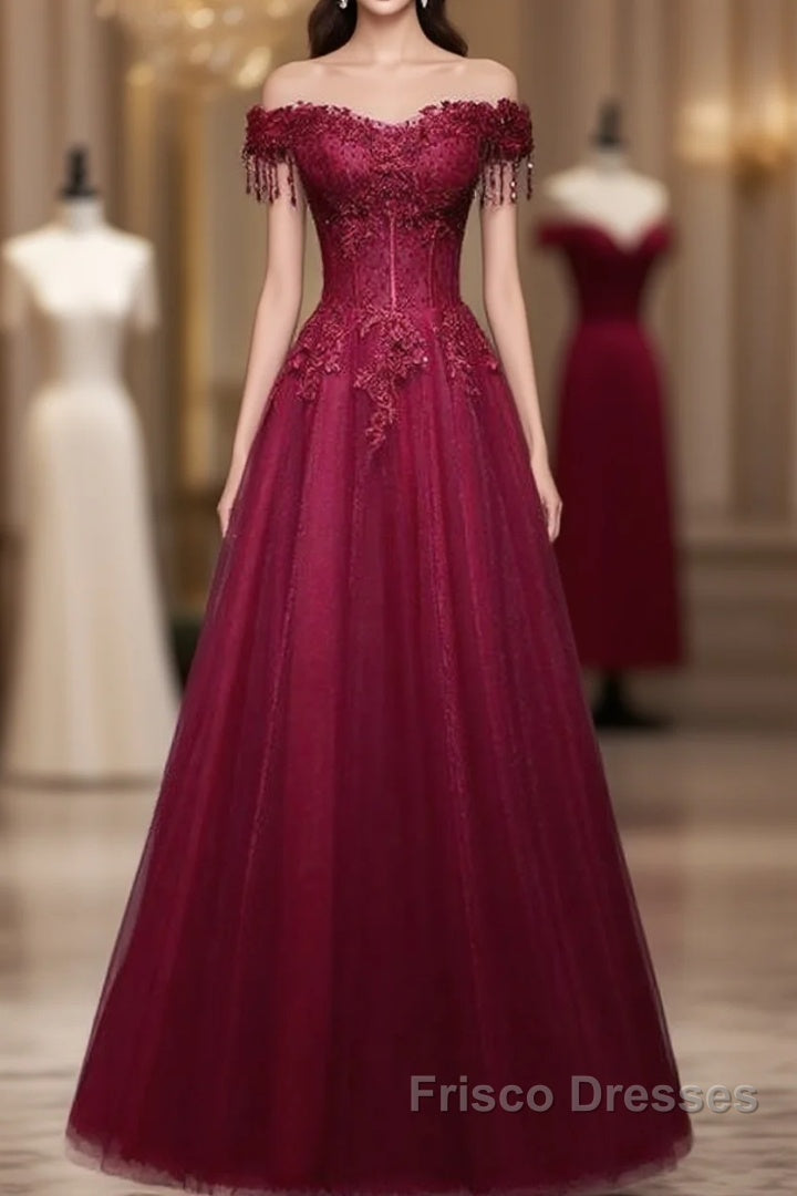 Beautiful Wine Red Tulle Sweetheart Long Formal Prom Dress, A-Line Party Dress Main image