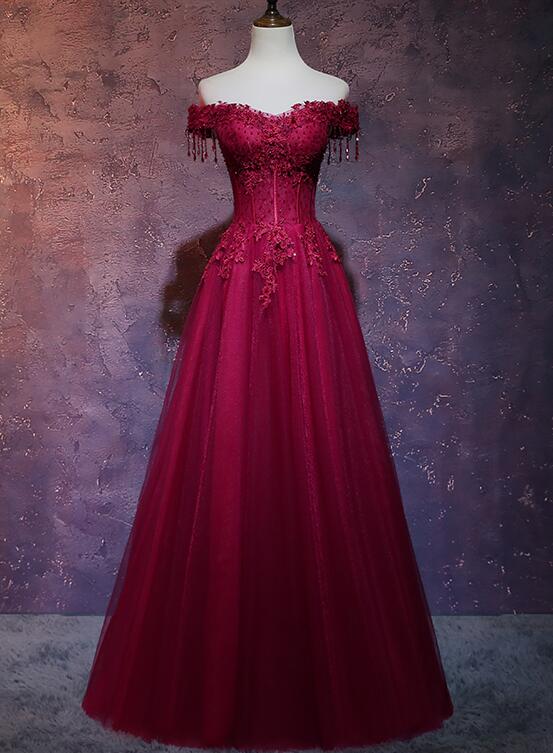 Beautiful Wine Red Tulle Sweetheart Long Prom Dress, A-Line Party Dress Main image