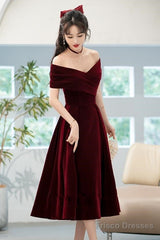 Beautiful Wine Red Velvet Bridesmaid Dress, Off Shoulder Tea Length Prom Dresses