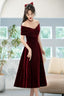 Beautiful Wine Red Velvet Bridesmaid Dress, Off Shoulder Tea Length Prom Dresses
