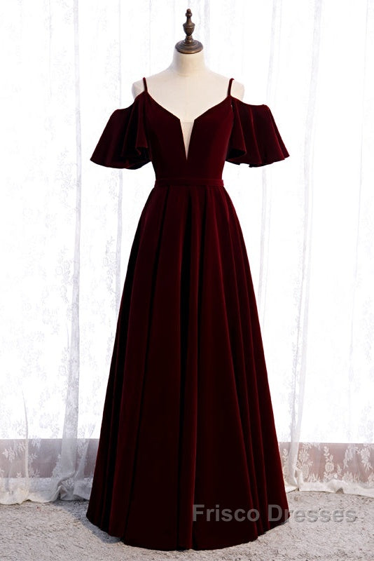 Beautiful Wine Red Velvet Off Shoulder Floor Length Party Dress, Velvet Junior Formal Prom Dress Secondary image