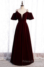 Beautiful Wine Red Velvet Off Shoulder Floor Length Party Dress, Velvet Junior Formal Prom Dress