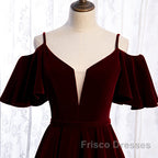 Beautiful Wine Red Velvet Off Shoulder Floor Length Party Dress, Velvet Junior Formal Prom Dress