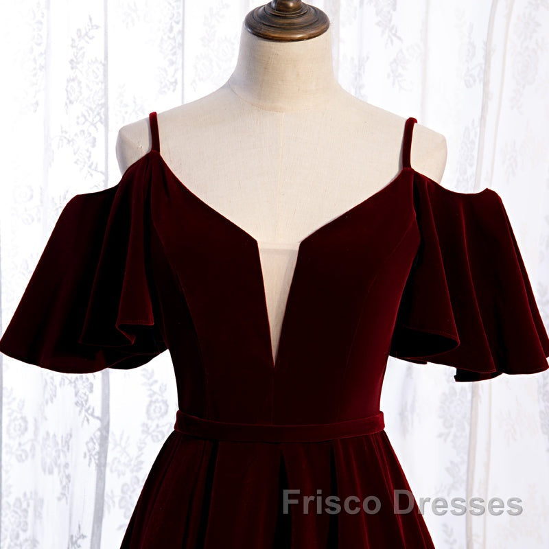 Beautiful Wine Red Velvet Off Shoulder Floor Length Party Dress, Velvet Junior Formal Prom Dress