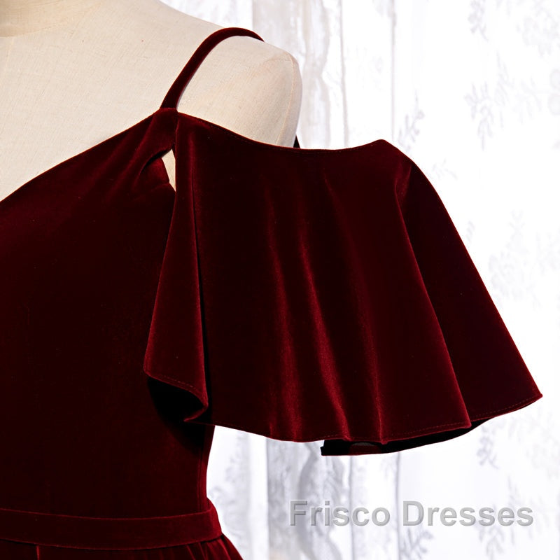 Beautiful Wine Red Velvet Off Shoulder Floor Length Party Dress, Velvet Junior Formal Prom Dress