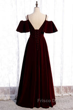 Beautiful Wine Red Velvet Off Shoulder Floor Length Party Dress, Velvet Junior Formal Prom Dress