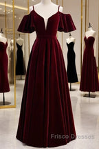 Beautiful Wine Red Velvet Off Shoulder Floor Length Party Dress, Velvet Junior Formal Prom Dress