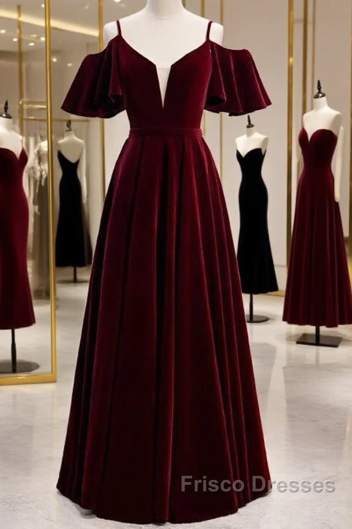 Beautiful Wine Red Velvet Off Shoulder Floor Length Party Dress, Velvet Junior Formal Prom Dress