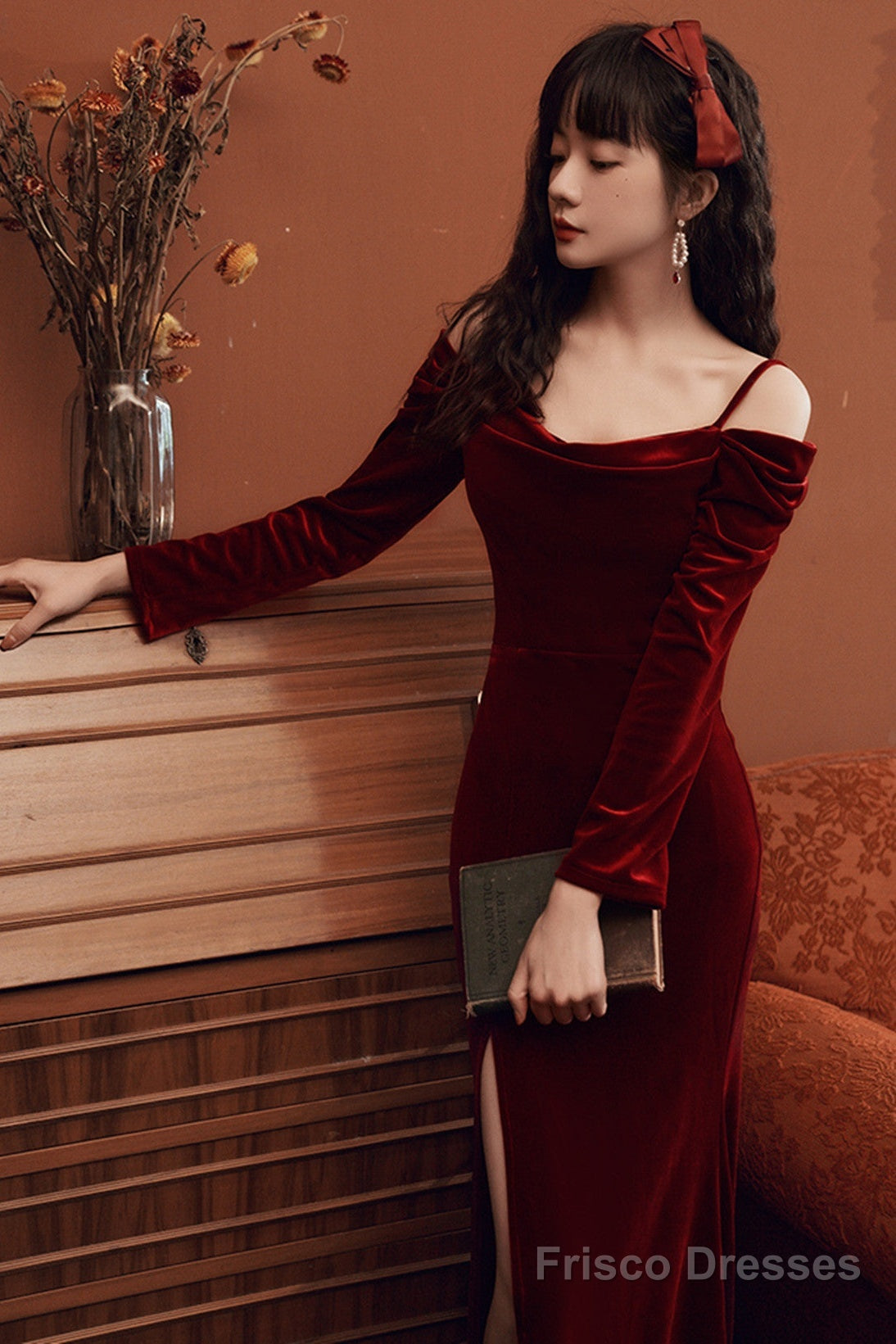 Beautiful Wine Red Velvet Off Shoulder Party Dress, Mermaid Long Prom Dress Evening Dress