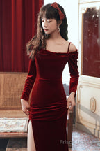 Beautiful Wine Red Velvet Off Shoulder Party Dress, Mermaid Long Prom Dress Evening Dress