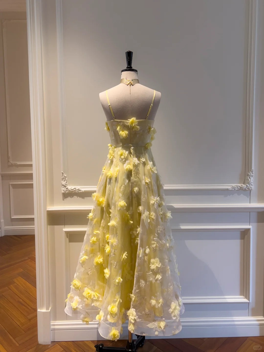 Beautiful Yellow A-Line Square Neck Strapless 3D Flower Mesh Long Prom Dress