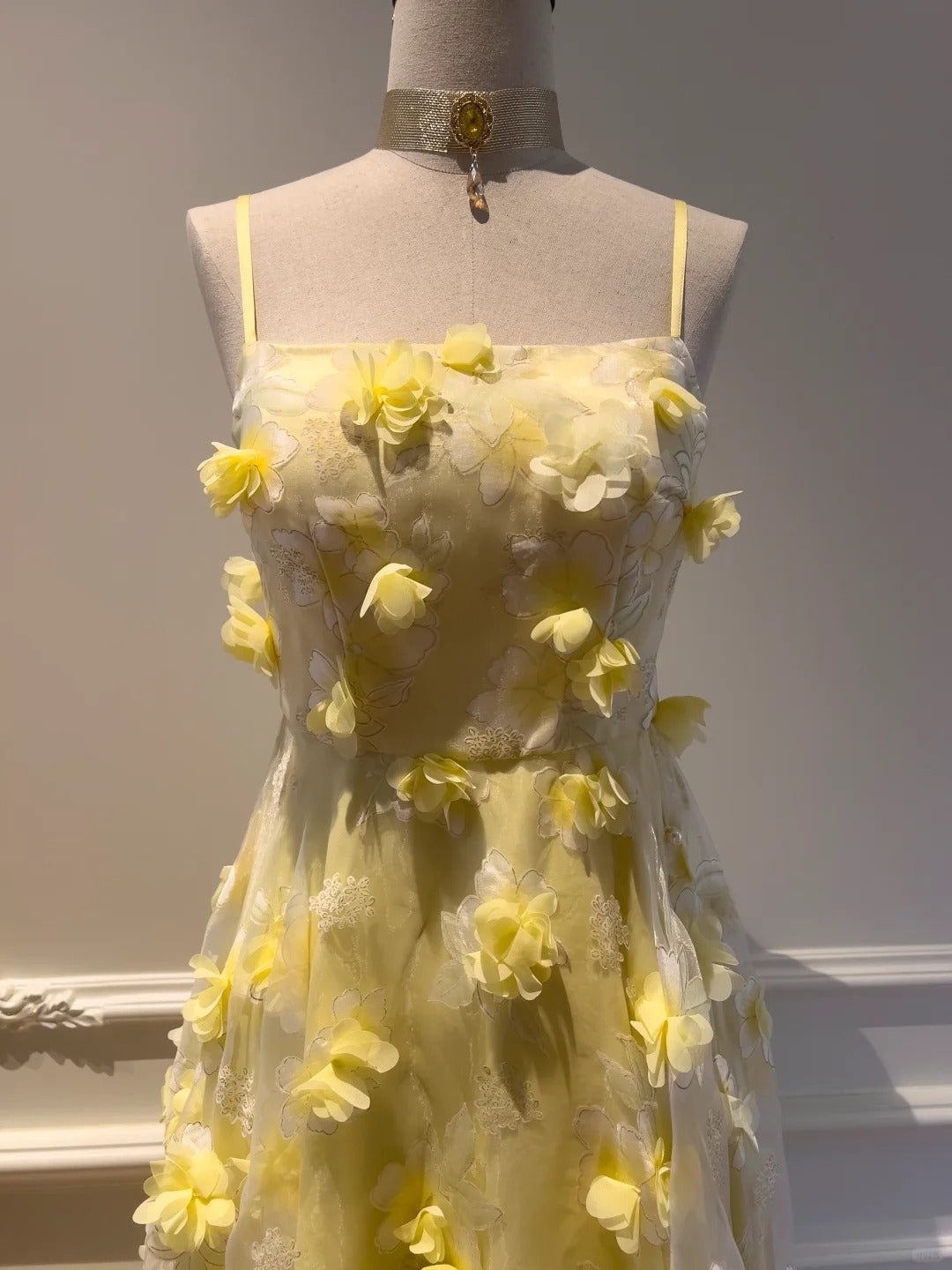 Beautiful Yellow A-Line Square Neck Strapless 3D Flower Mesh Long Prom Dress