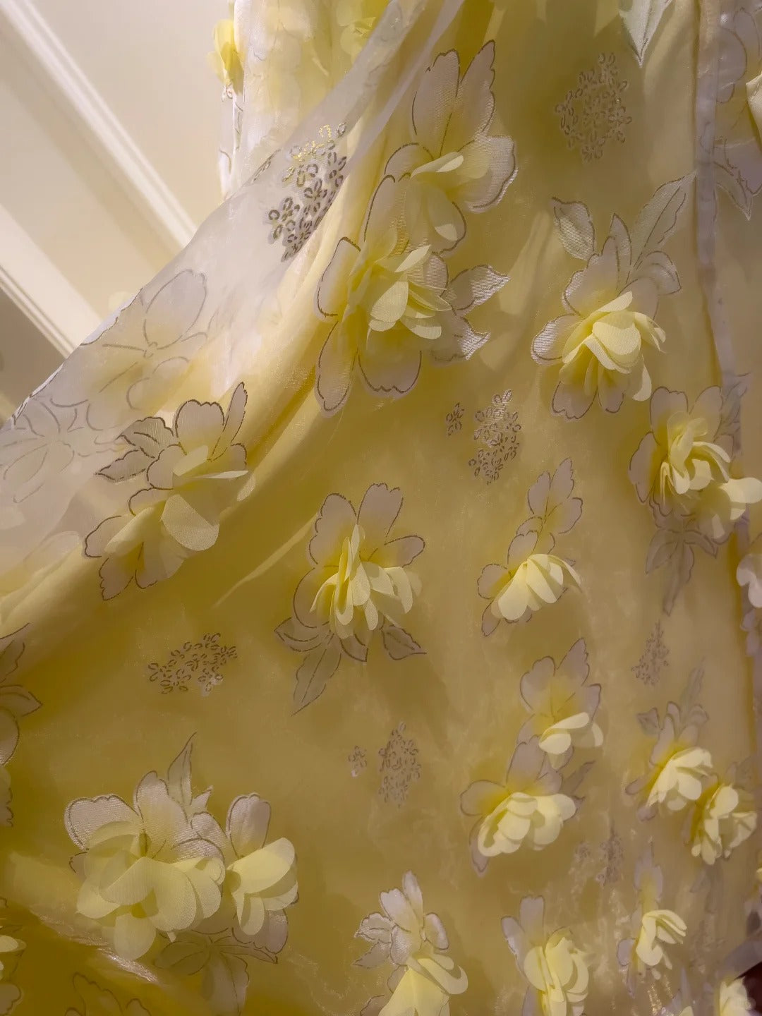 Beautiful Yellow A-Line Square Neck Strapless 3D Flower Mesh Long Prom Dress
