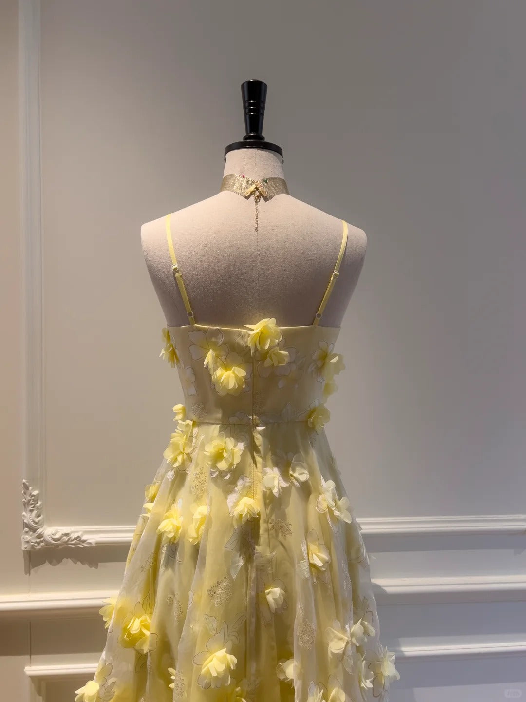 Beautiful Yellow A-Line Square Neck Strapless 3D Flower Mesh Long Prom Dress