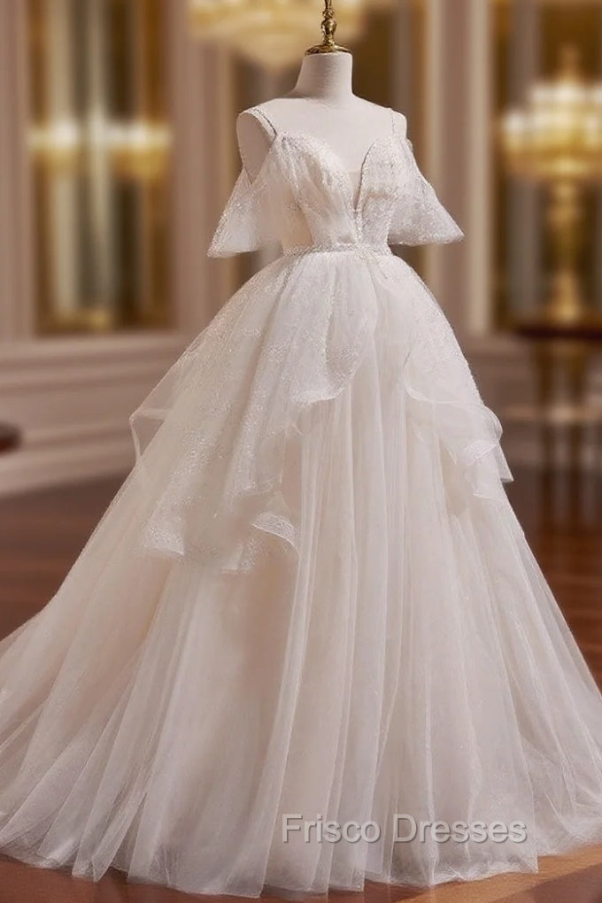 Beige A-line Tulle Beading Long Formal Prom Dress, Beige Formal Dress Main image