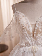 Beige A-line Tulle Beading Long Formal Prom Dress, Beige Formal Dress